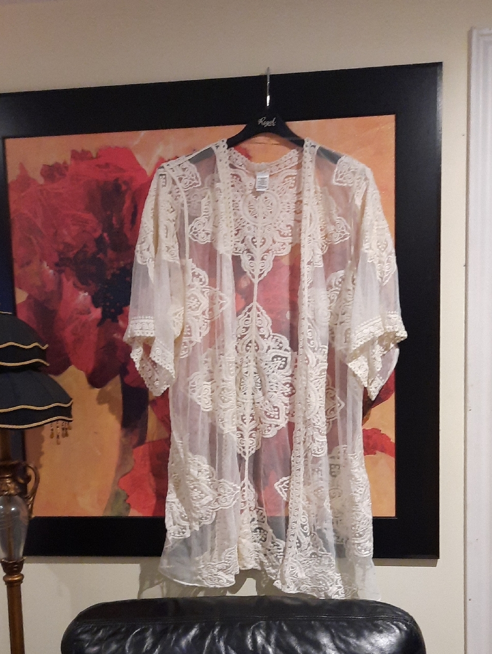 NWT Plus Size 2X-3X Sheer Ivory Lace Embroidery Open Front Kimono Cover-Up